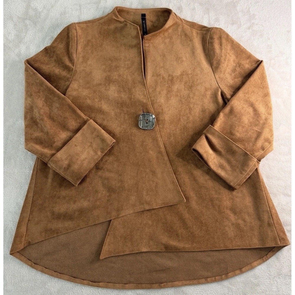 IC by Connie K Faux Suede Asymmetrical One Button Jacket Brown Open Front‎ M